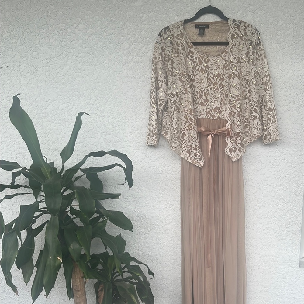 Elegant Lace Cover up and Golden Gown Set - Picture 2 of 3